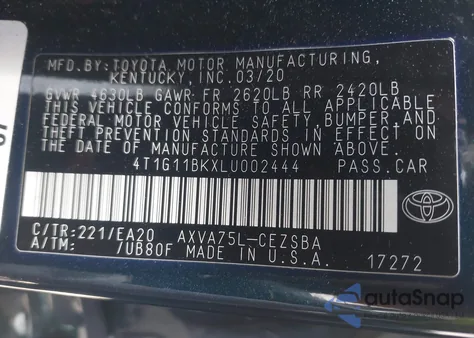 2020 Toyota Camry Se Awd from USA, damaged, VIN 4T1G11BKXLU002444